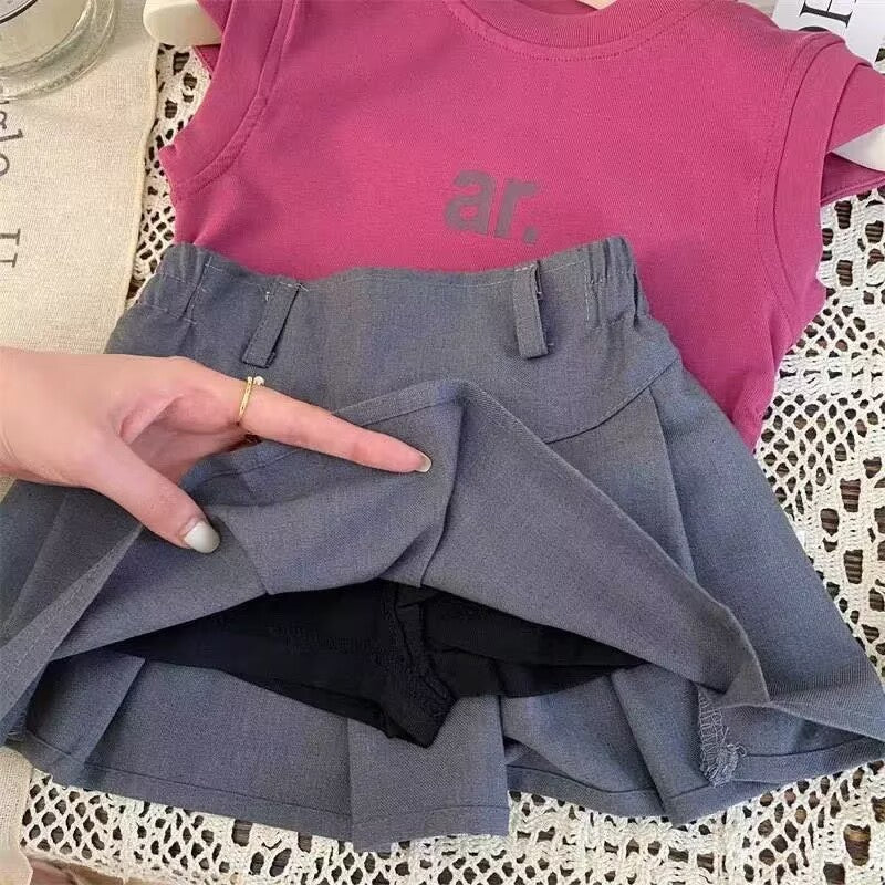 [5071139] - One Set 2in1 Baju Setelan Summer Outfit Atasan Kaos Lengan Kutung Bawahan Celana Rok Pendek Comfortable Fashion Style Anak Perempuan Cewek - Motif Basic Solid Color - BABYHOKI STORE