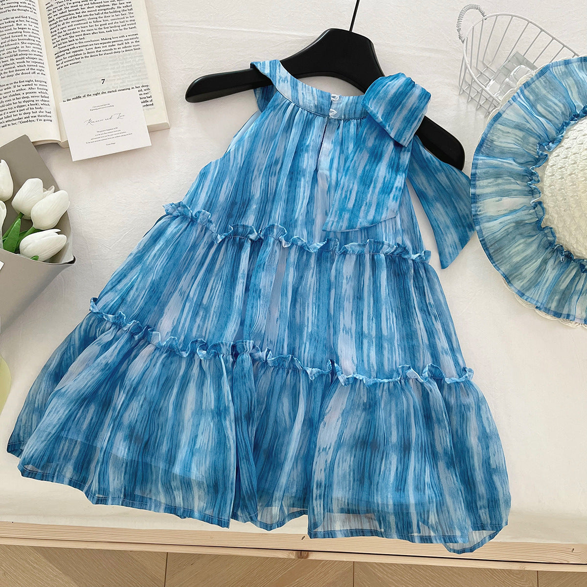 [963152] - Baju Gaun Dress Ruffled Lengan Kutung Anak Perempuan Cewek - Motif Blue Striped - BABYHOKI STORE - BABYHOKI STORE