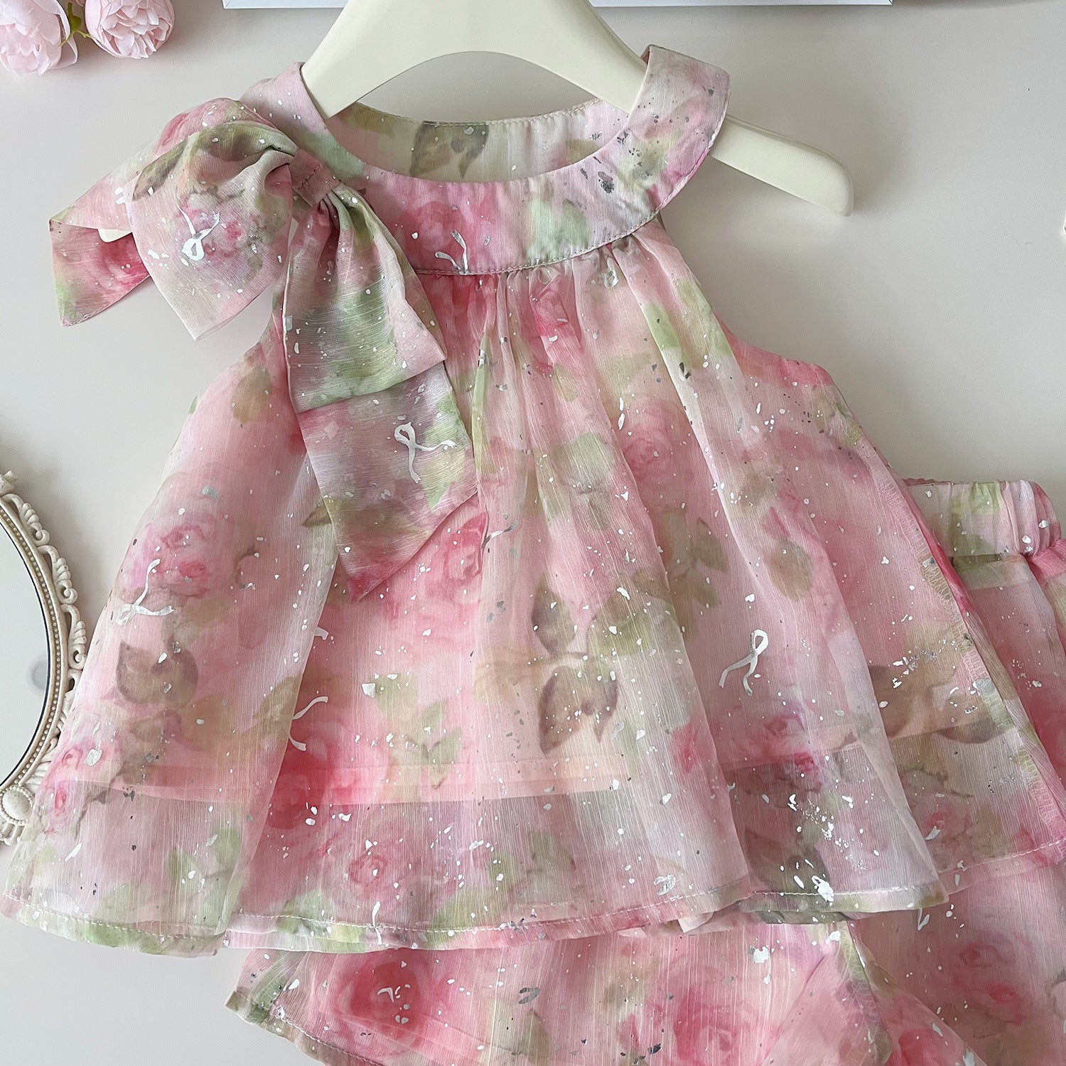 [963292] - One Set 2in1 Baju Setelan Atasan Lengan Kutung Bawahan Celana Pendek Korean Version Style Anak Perempuan Cewek - Motif Chiffon Floral - BABYHOKI STORE
