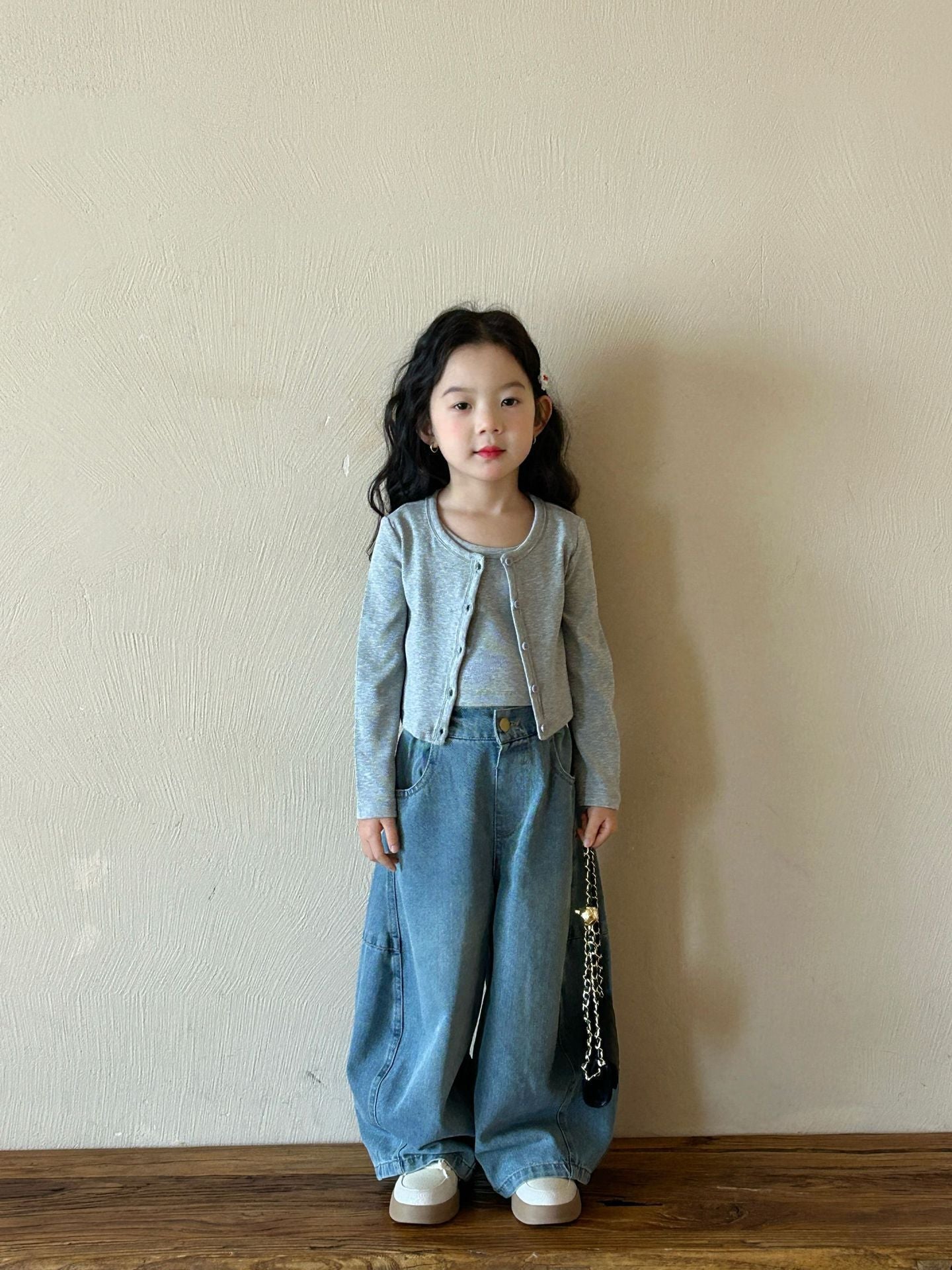 [363932] - One Set 3in1 Baju Setelan Atasan Cardigan Vest Lengan Panjang Bawahan Celana Panjang Kulot Jeans Korean Fashion Anak Cewek Perempuan - Motif Solid Color Top - BABYHOKI STORE