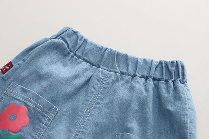 [340388] - Baju Setelan Kaos Celana Pendek Jeans Anak Perempuan - Motif Flower Images