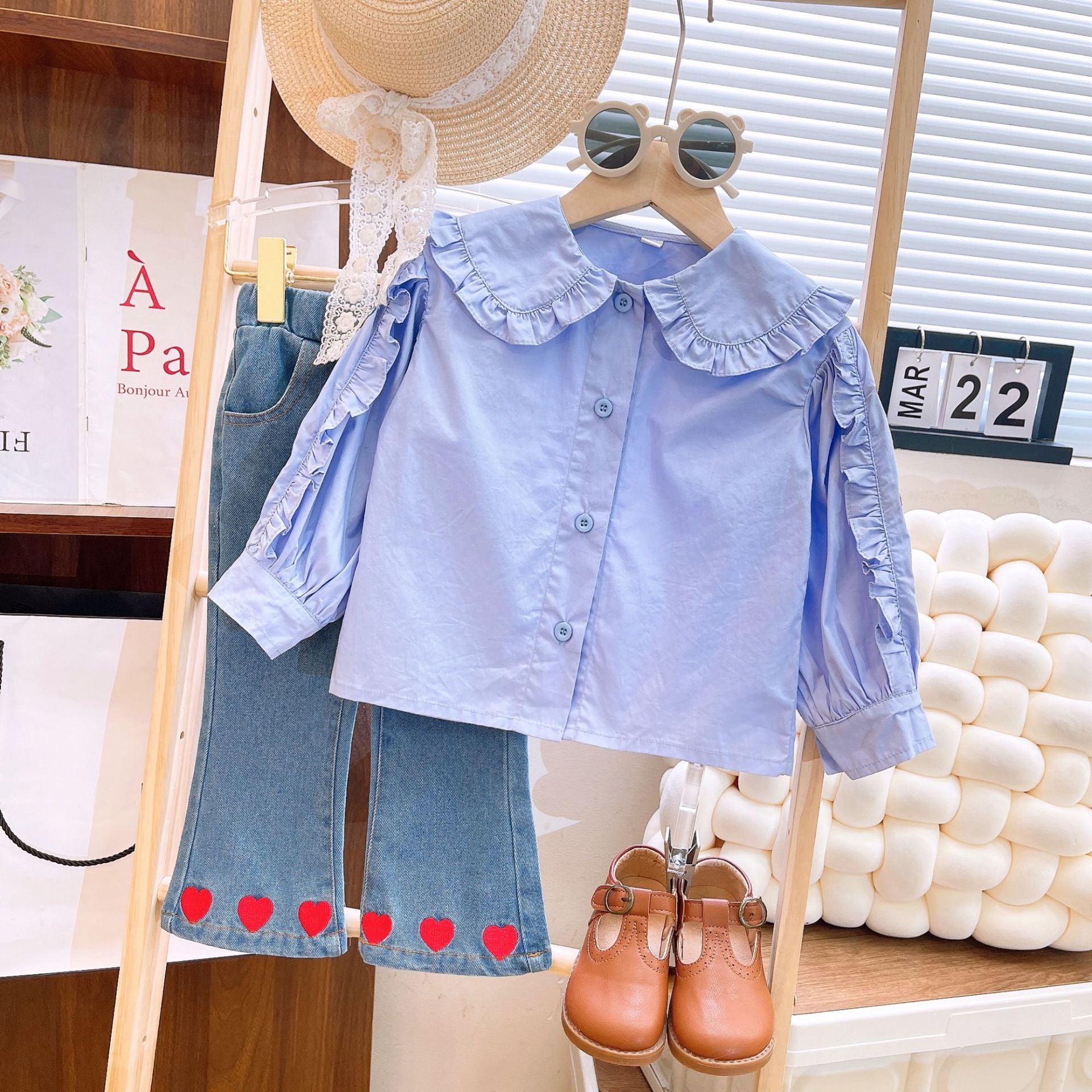 [363729] - Setelan Baju Blouse Ruffles Lengan Panjang Celana Jeans Panjang Fashion Anak Perempuan - Motif Little Heart