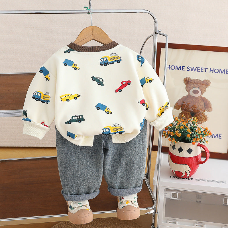 [345495] - One Set 2in1 Baju Setelan Atasan Sweater Lengan Panjang Bawahan Celana Panjang Jeans Fashionable Handsome Anak Cowok Laki-Laki - Motif Cars - BABYHOKI STORE - BABYHOKI STORE