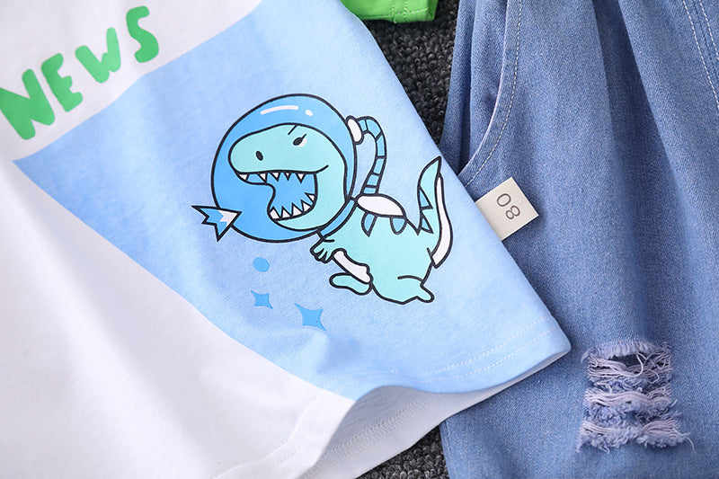 [345453] - Baju Setelan Kaos Lengan Pendek Celana Pendek Jeans Anak Cowok Fashion - Motif Dino News