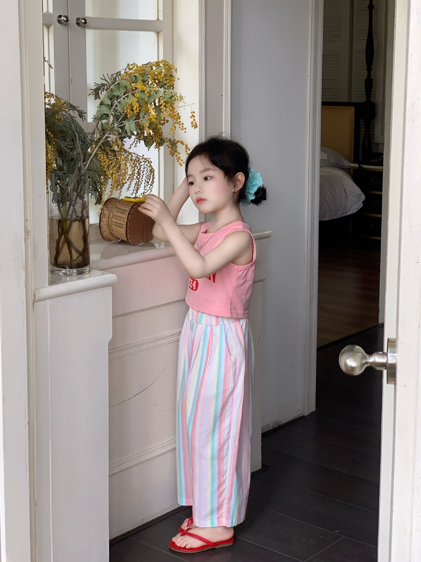 [363780] - Setelan One Set Baju Crop Kutung Celana Panjang Kulot Fashion Anak Perempuan - Motif Colorful Striped