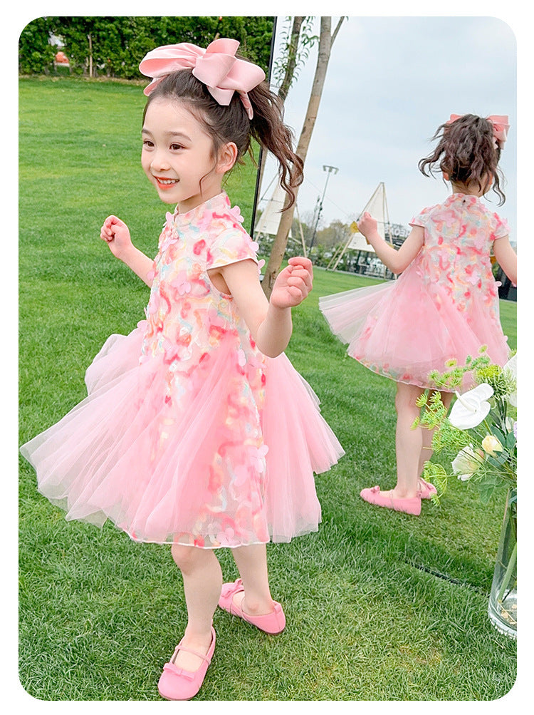 [963270] - Baju Gaun Dress Cheongsam Shanghai Imlek Lengan Kutung Chinese Fashion Anak Perempuan Cewek - Motif Sweet Pink Flower - BABYHOKI STORE