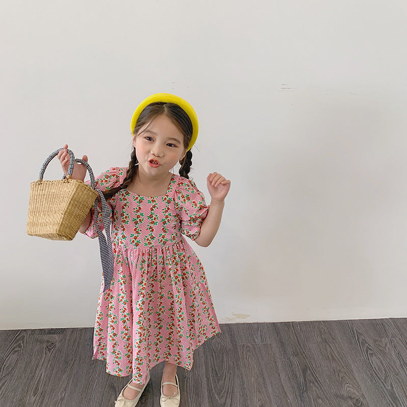 [507S1100] - Baju Dress Lengan Pendek Fashion Anak Perempuan - Motif Flower Line