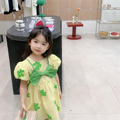 [507S157] - Baju Dress Lengan Pendek Fashion Anak Perempuan - Motif Ribbon Clover