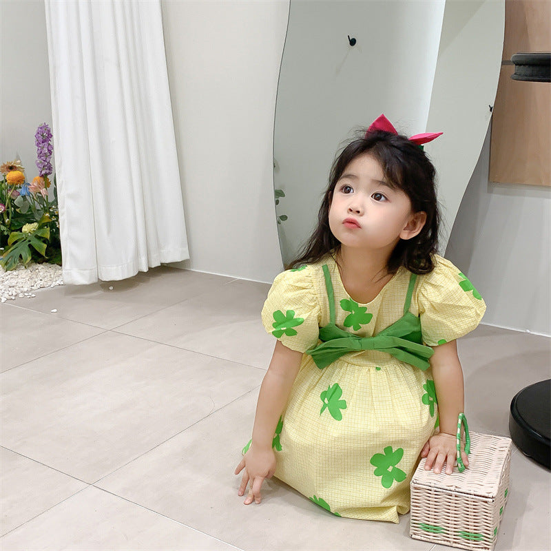 [507S157] - Baju Dress Lengan Pendek Fashion Anak Perempuan - Motif Ribbon Clover