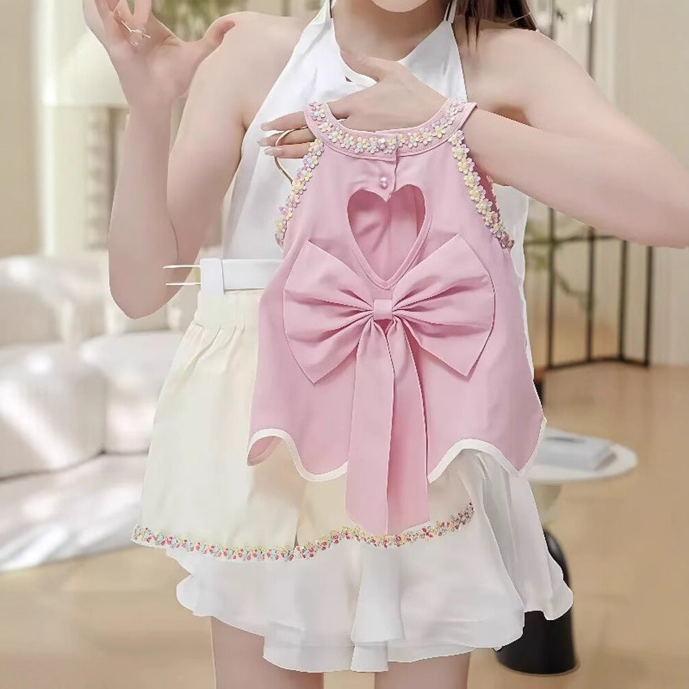 [5071154] - One Set 2in1 Baju Setelan Summer Outfit Atasan Lengan Kutung Bawahan Celana Pendek Comfort Fashion Style Anak Perempuan Cewek - Motif Cute Bow & Floral - BABYHOKI STORE