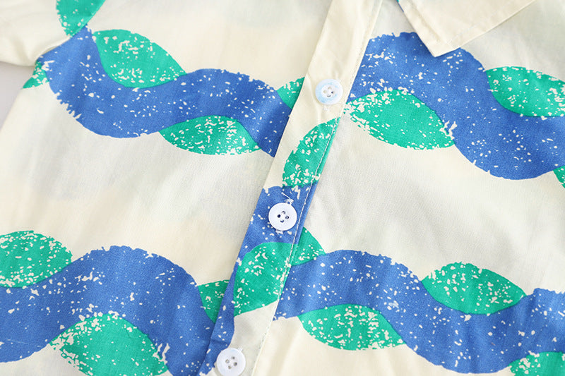 [345408] - Baju Setelan Kemeja Lengan Pendek Celana Pendek Anak Cowok Fashion - Motif Twist Wave