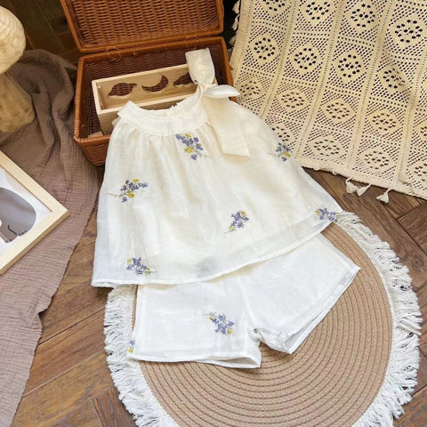 [963268] - One Set 2in1 Baju Setelan Atasan Blouse Lengan Kutung Bawahan Celana Pendek Style Korean Anak Perempuan Cewek - Motif Purple Flower - BABYHOKI STORE