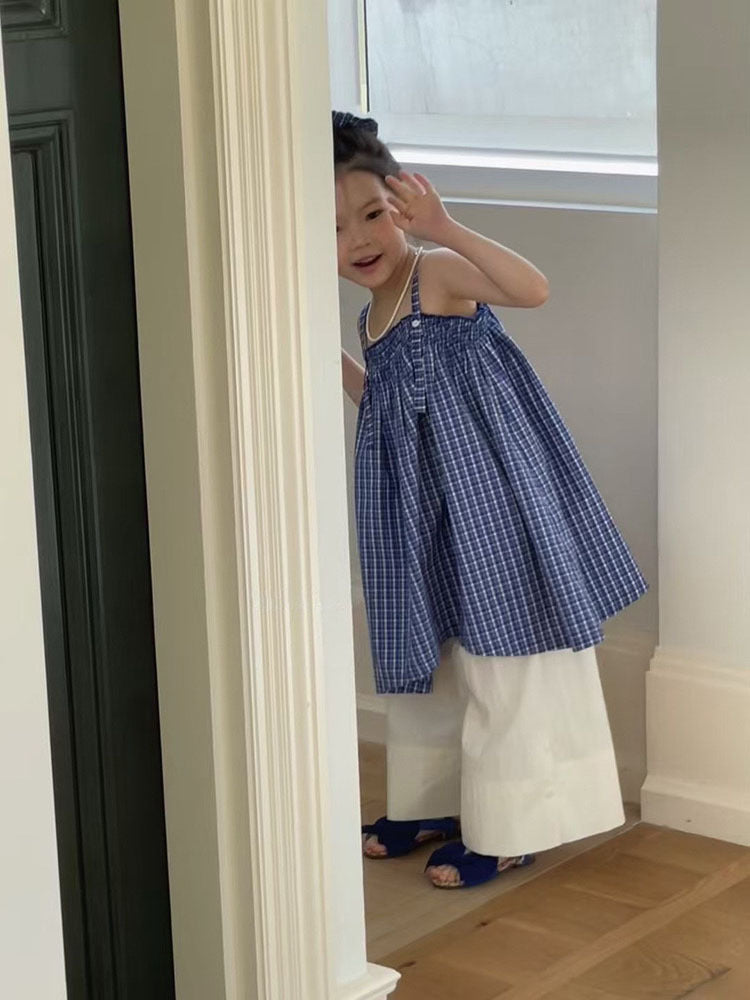 [5071088] - One Set 2in1 Baju Setelan Atasan Lengan Kutung Bawahan Celana Panjang Kulot Putih Fashion Anak Perempuan Cewek - Motif Style Plaid - BABYHOKI STORE