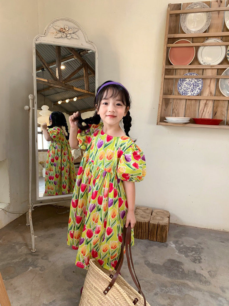 [507S181] - Baju Dress Lengan Pendek Fashion Anak Perempuan - Motif Tulip Flower
