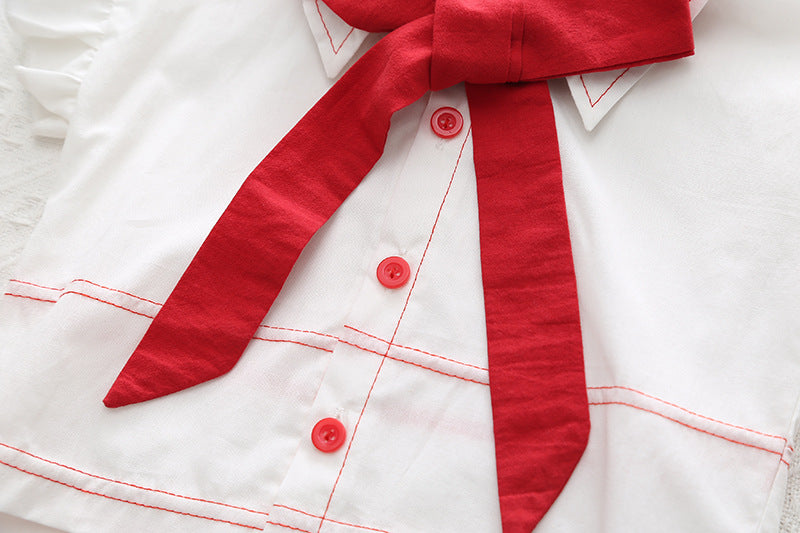 [345446] - Setelan Baju Kemeja Renda Kutung Celana Pendek Anak Perempuan Fashion - Motif Ribbon Tie