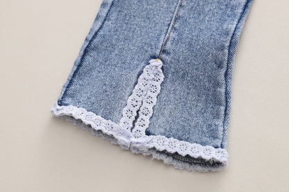 [340450] - Baju Setelan 3 In 1 Atasan Lengan Panjang Rompi Rajut Celana Jeans Panjang Fashion Anak Perempuan - Motif Little Flower