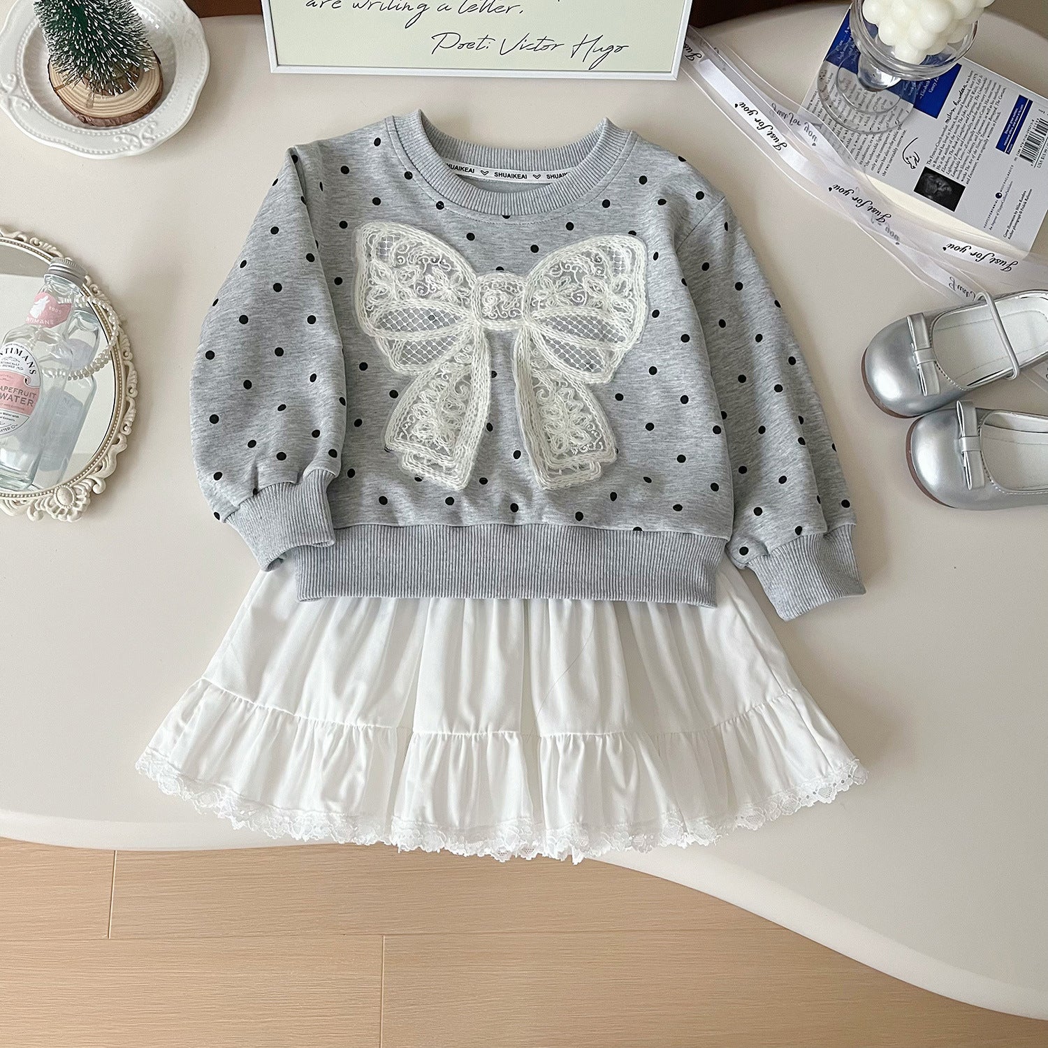 [963167] - One Set 2in1 Baju Setelan Atasan Sweater Lengan Panjang Bawahan Celana Rok Pendek Korea Fashion Style Anak Perempuan Cewek - Motif Bow Polkadot - BABYHOKI STORE - BABYHOKI STORE