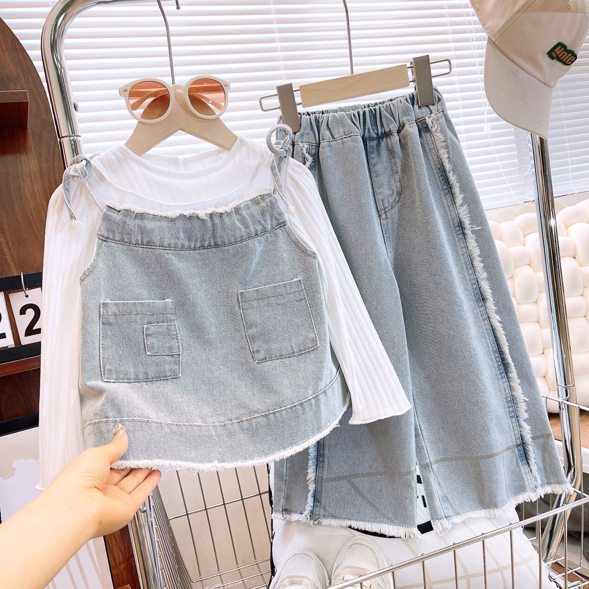 [363783] - Setelan Baju 3In1 Baju Lengan Panjang Plus Vest Celana Jeans Kulot Panjang Fashion Anak Perempuan - Motif Pocket Denim