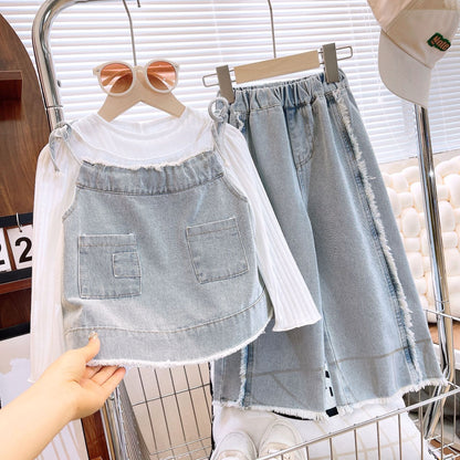 [363783] - Setelan Baju 3In1 Atasan Lengan Panjang Celana Jeans Panjang Fashion Anak Perempuan - Motif Pocket Denim