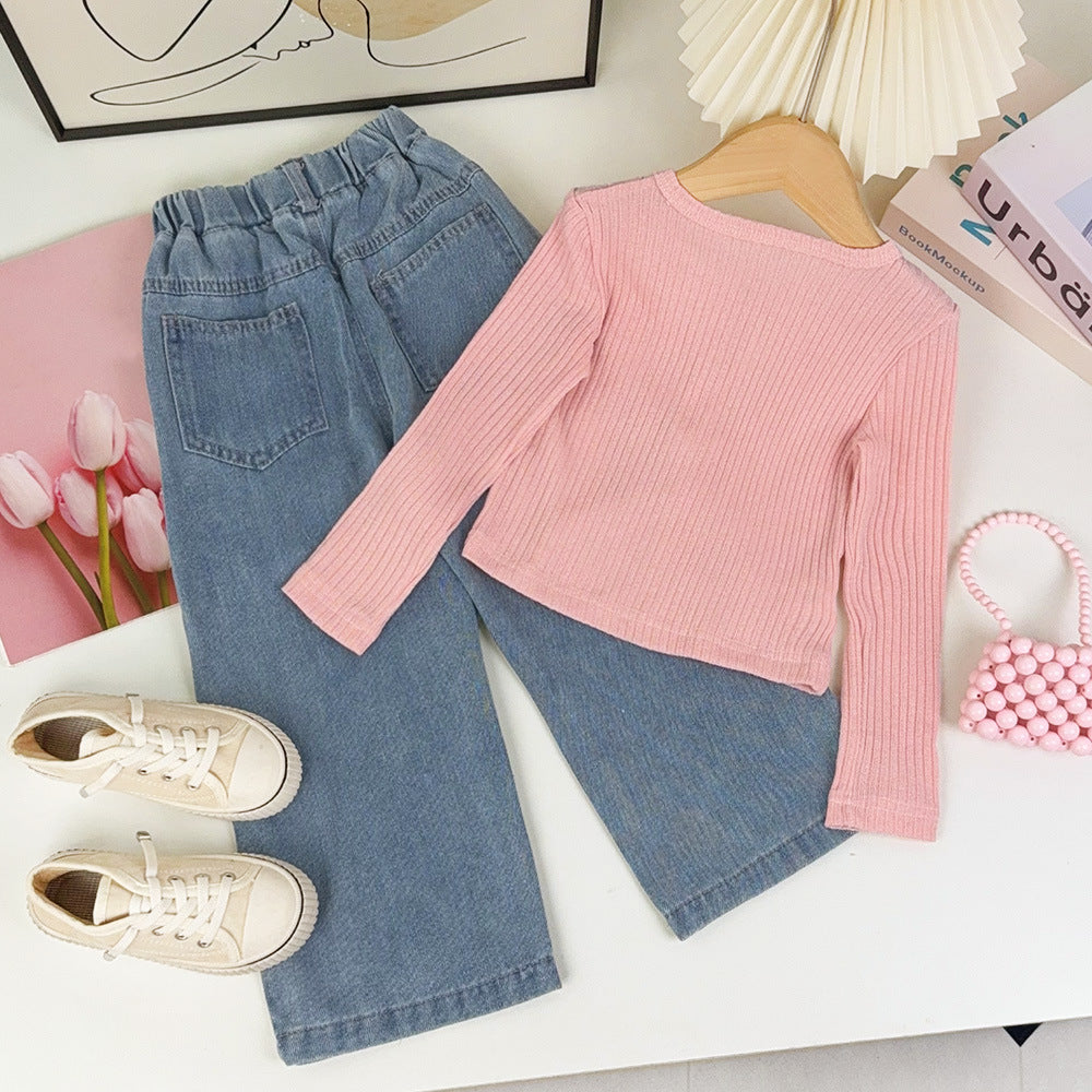 [363713] - Baju Setelan Atasan Rajut Celana Jeans Panjang Fashion Anak Cewek - Motif Letter Knit