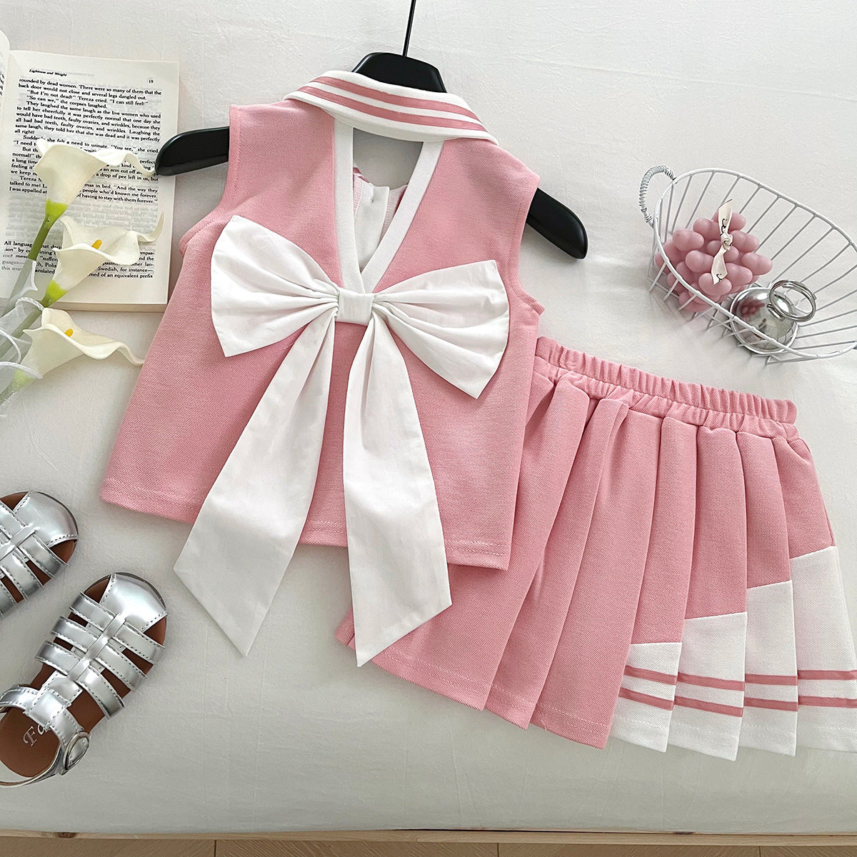 [963192] - One Set 2in1 Baju Setelan Atasan Berkerah Lengan Kutung Bawahan Celana Rok Pendek Anak Perempuan Cewek - Motif Bow & Flower - BABYHOKI STORE - BABYHOKI STORE