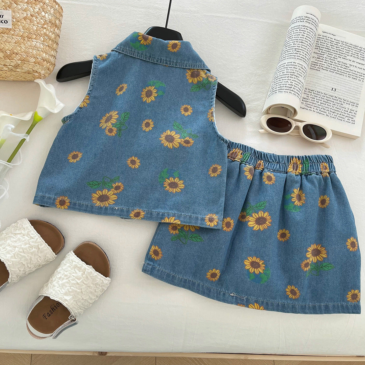 [963214] - One Set 2in1 Baju Setelan Atasan Vest Denim Lengan Kutung Bawahan Celana Rok Pendek Casual Style Anak Perempuan Cewek - Motif Sunflower - BABYHOKI STORE
