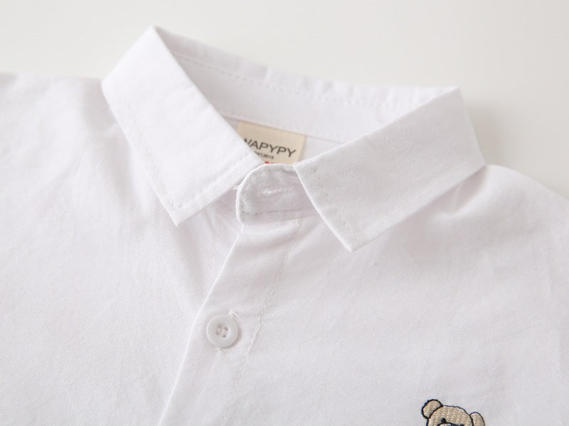 [383206] - Baju Atasan Kemeja Lengan Panjang Anak Laki-Laki Cowok  - Motif Minimalist Bear Patch - BABYHOKI STORE