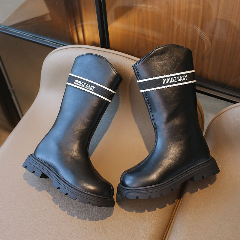 [381281 Size 26-35] - Sepatu High Boots Leathers Princess Shoes Fashion Anak Perempuan Cewek - Motif Writing Stripe - BABYHOKI STORE