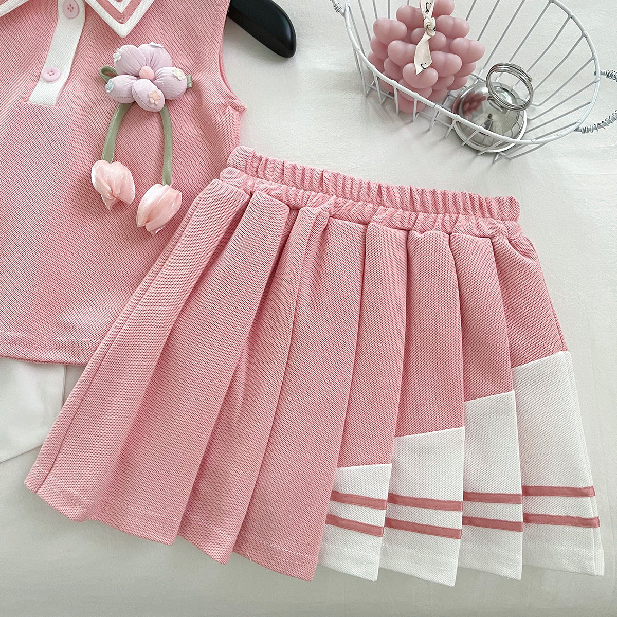 [963192] - One Set 2in1 Baju Setelan Atasan Berkerah Lengan Kutung Bawahan Celana Rok Pendek Anak Perempuan Cewek - Motif Bow & Flower - BABYHOKI STORE - BABYHOKI STORE