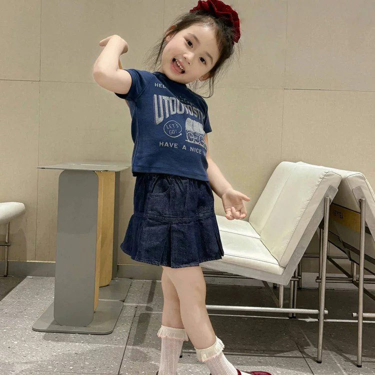 [5071129] - One Set 2in1 Baju Setelan Summer Atasan Kaos Lengan Pendek Bawahan Rok Pendek Plisket Korean Fashion Anak Perempuan Cewek - Motif Have A Nice Day - BABYHOKI STORE