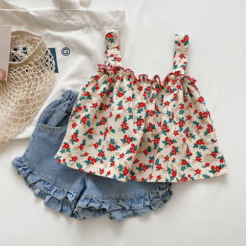 [963264] - One Set 2in1 Baju Setelan Atasan Lengan Kutung Bawahan Celana Pendek Korean Style Anak Perempuan Cewek - Motif Small Flower - BABYHOKI STORE
