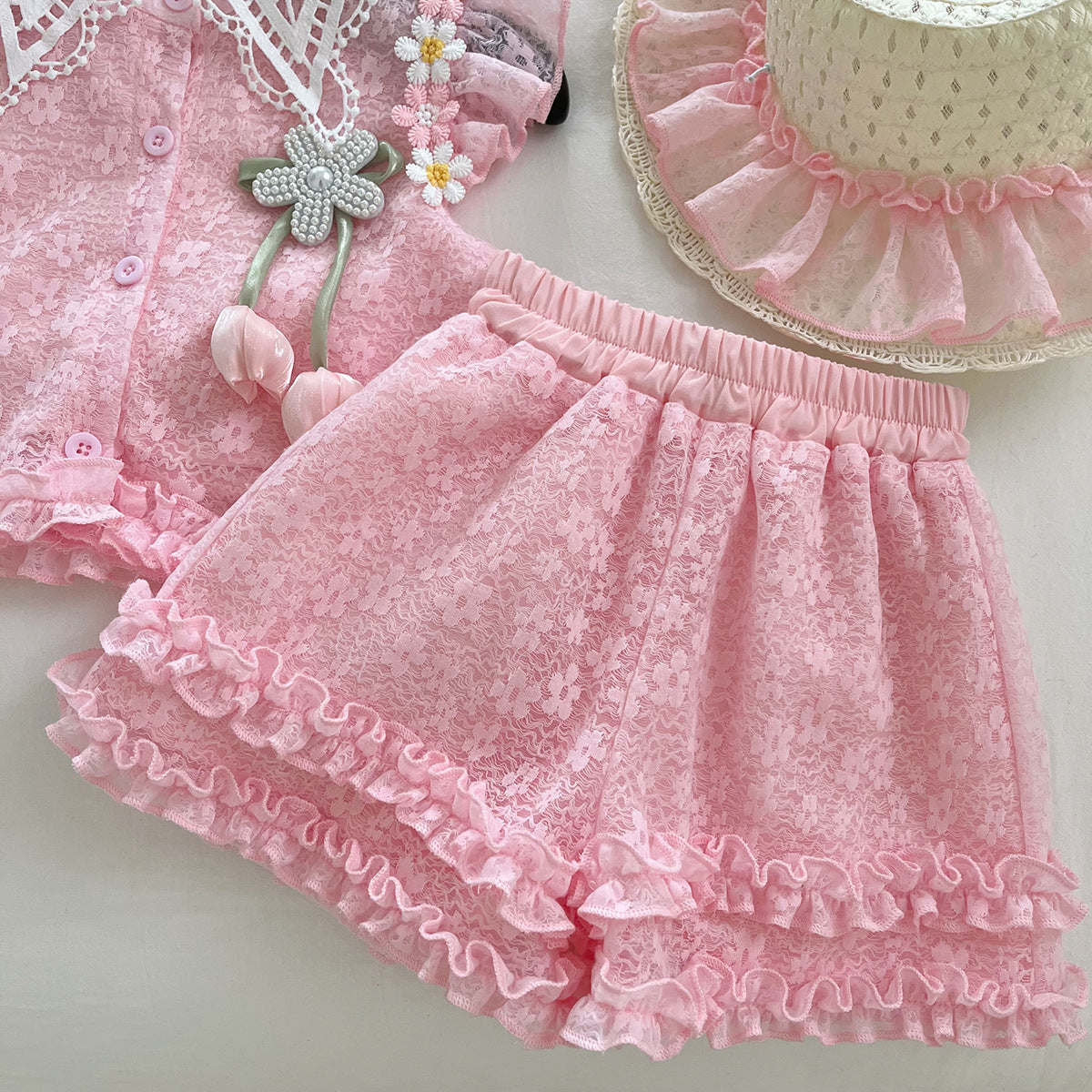 [963114] - One Set 2in1 Baju Setelan Atasan Blouse Kerah Lengan Kutung Bawahan Celana Pendek Comfort Fashion Style Anak Perempuan Cewek - Motif Flower 3D - BABYHOKI STORE