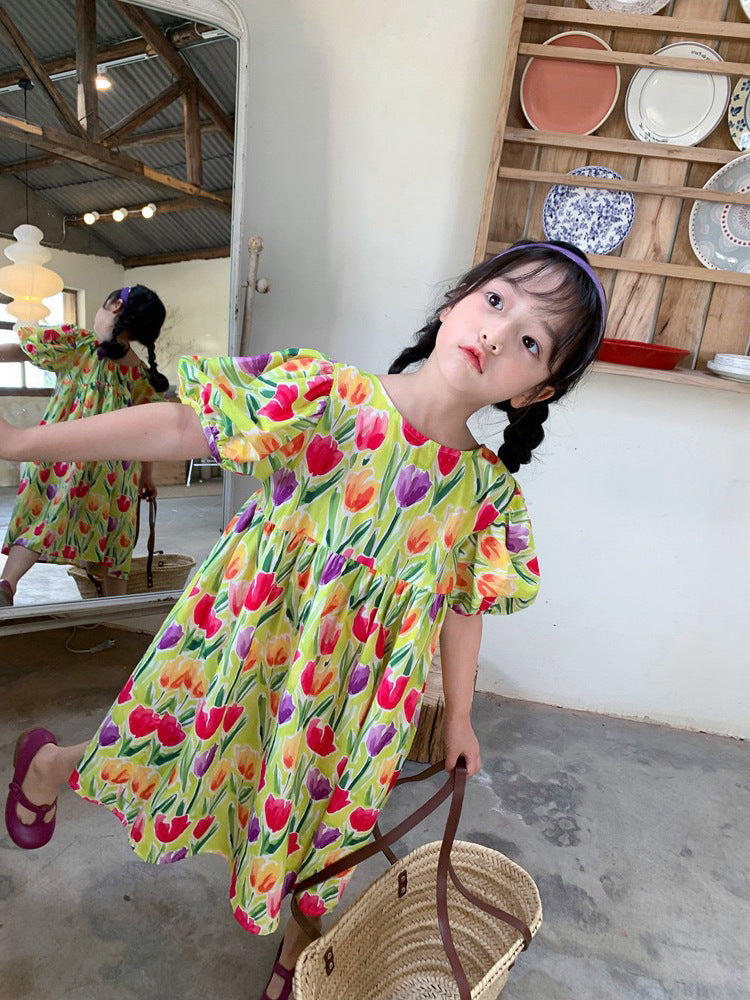 [507S181] - Baju Dress Lengan Pendek Fashion Anak Perempuan - Motif Tulip Flower