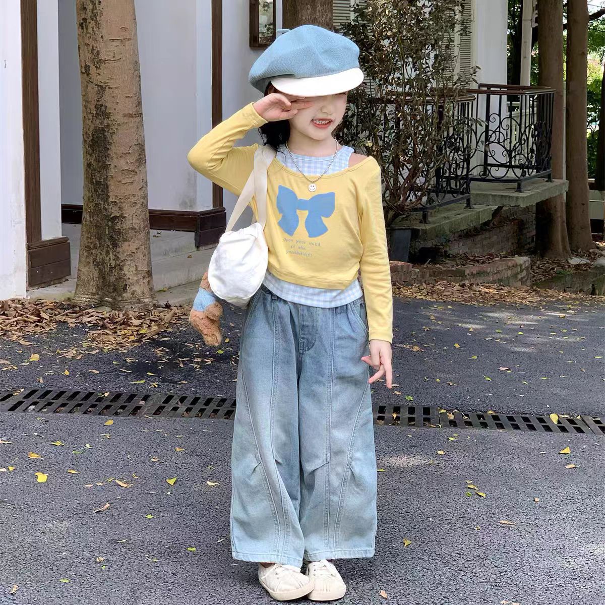[363898] - One Set 2in1 Baju Setelan Atasan Kaos Lengan Panjang Bawahan Celana Panjang Denim Fashion Anak Perempuan - Motif Splicing Bow Top - BABYHOKI STORE