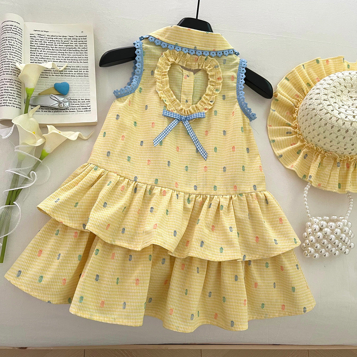 [963164] - Baju Gaun Dress Lengan Kutung Korean Version Style Anak Perempuan Cewek - Motif Yellow Dot Plaid - BABYHOKI STORE - BABYHOKI STORE