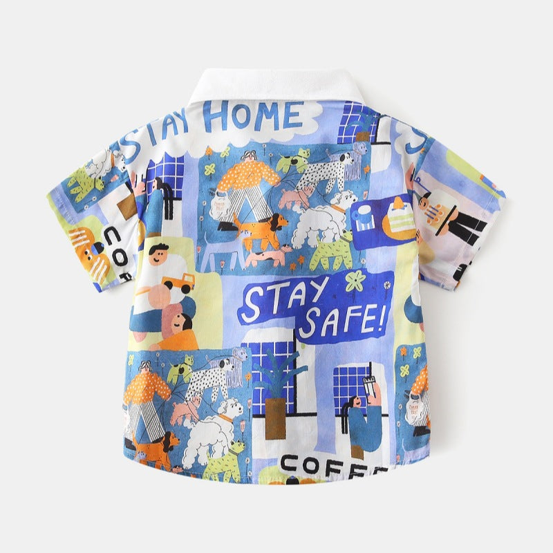 [383218] - Atasan Baju Kemeja Lengan Pendek Anak Laki-Laki - Motif Letters and Animals