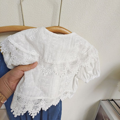 [363653] - Setelan Blouse Celana Panjang Jeans Import Anak Perempuan - Motif Oblique Collar