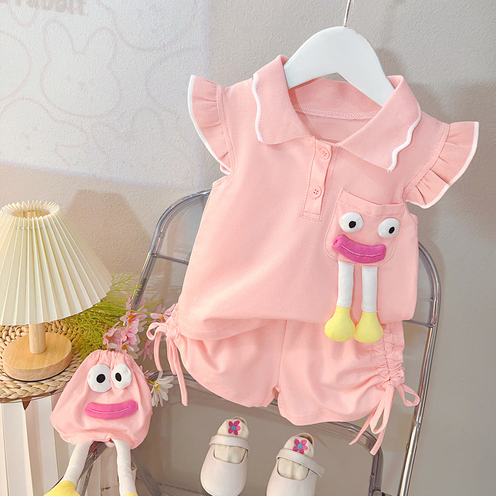 [340457] - Baju Setelan Lengan Kutung Celana Pendek Fashion Anak Perempuan - Motif Cute Face