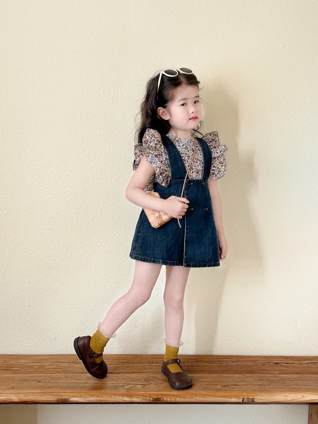 [5071033] - Baju Setelan Blouse Kutung Bawahan Overall Pendek Fashion Anak Perempuan - Motif Denim Floral