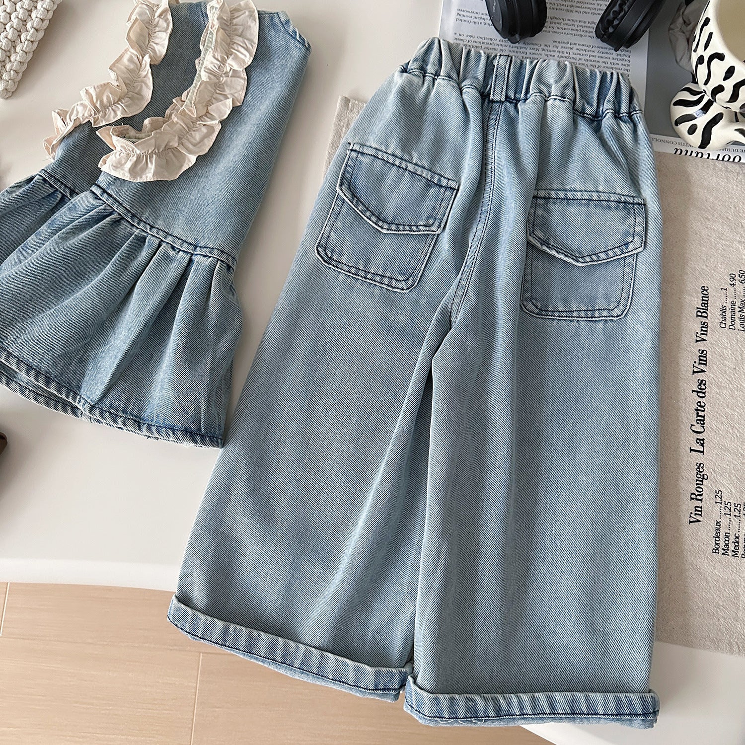 [363914] - One Set 3in1 Baju Setelan Atasan Blouse Lengan Panjang Vest Kutung Denim Bawahan Celana Panjang Kulot Denim Fashion Anak Cewek Perempuan - Motif Cute Lace - BABYHOKI STORE