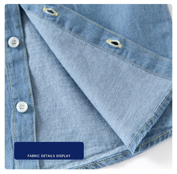 [5131090] - Baju Kemeja Denim Lengan Pendek Fashion Anak Laki-Laki - Motif Stitching Texture