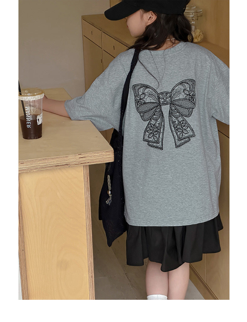 [5071118] - One Set 2in1 Baju Setelan Atasan Kaos Oversize Gray Lengan Pendek Bawahan Rok Pendek Fashion Korean Style Anak Perempuan Cewek - Motif Ribbon Top - BABYHOKI STORE