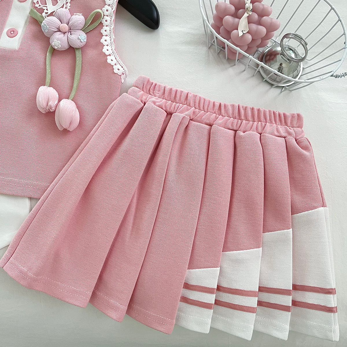 [963184] - One Set 2in1 Baju Setelan Atasan Bekerah Lengan Kutung Bawahan Celana Rok Pendek Plisket Korean Version Style Anak Perempuan Cewek - Motif Tulips - BABYHOKI STORE - BABYHOKI STORE