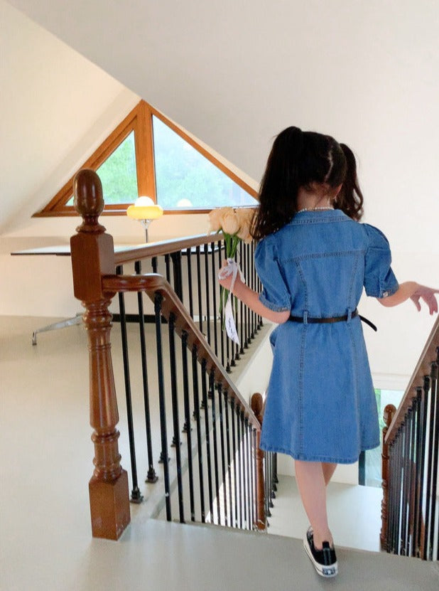 [507963] - Baju Dress Kancing Denim Fashion Import Anak Perempuan - Motif Heart Buckle