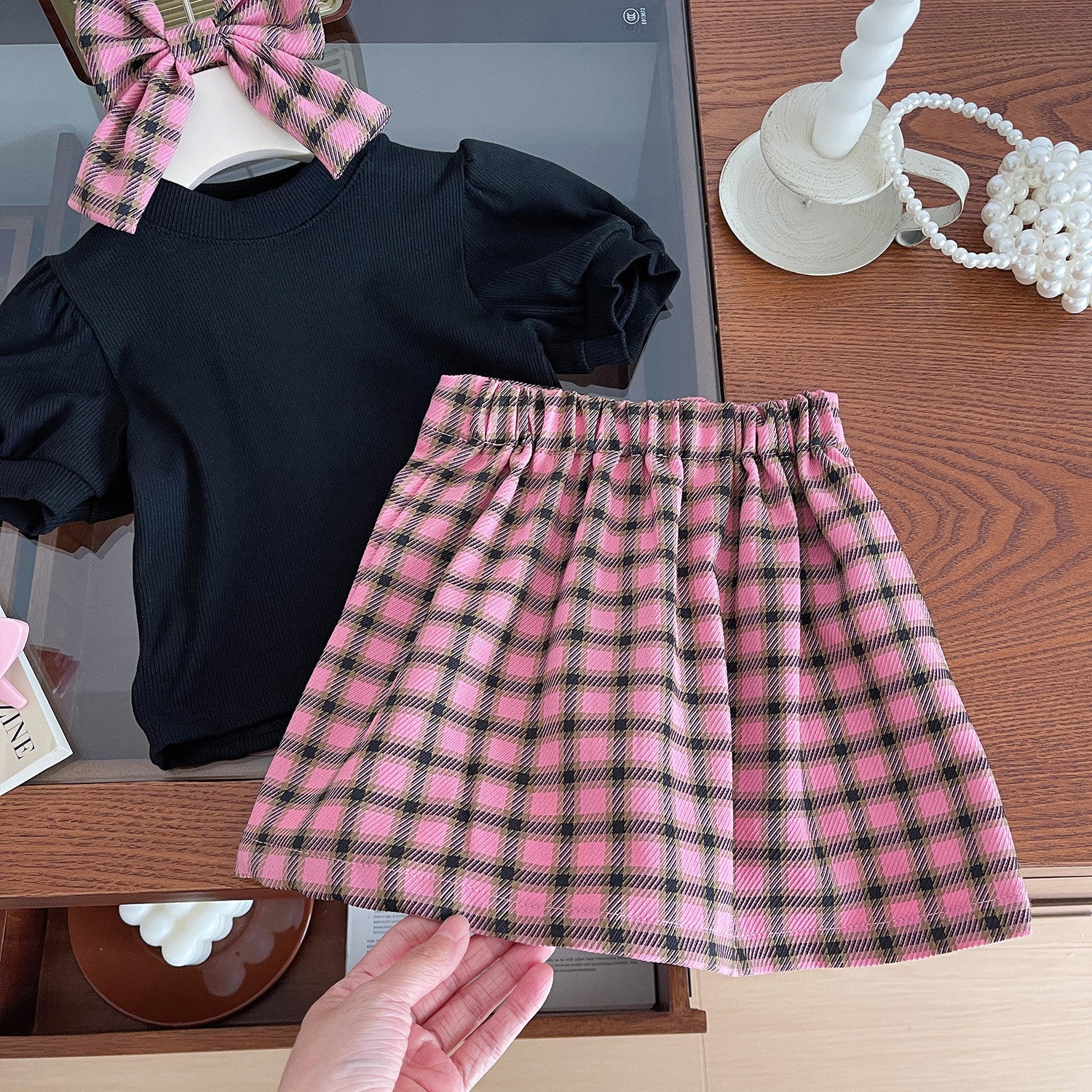 [5071031] - Baju Setelan Lengan Pendek Bawahan Rok Pendek Fashion Anak Perempuan - Motif Plaid Ribbon