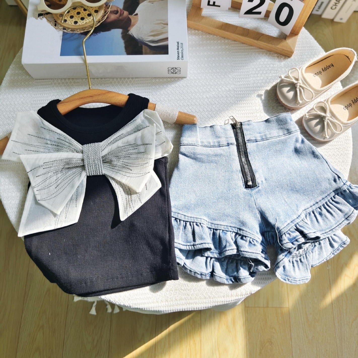 [363734] - Setelan Oneset Lucu Cantik Baju Fashion Tank Top Celana Pendek Jeans Fashion Anak Perempuan Cewek - Motif Big Ribbon