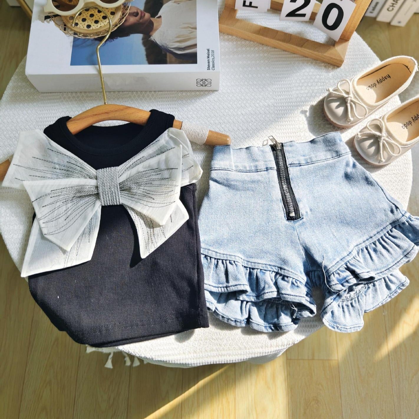 [363734] - Setelan Baju Tank Top Celana Pendek Jeans Fashion Anak Perempuan - Motif Big Ribbon