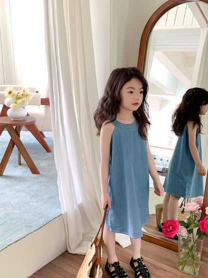 [507962] - Baju Dress Lengan Kutung Fashion Anak Perempuan - Motif Collar Texture