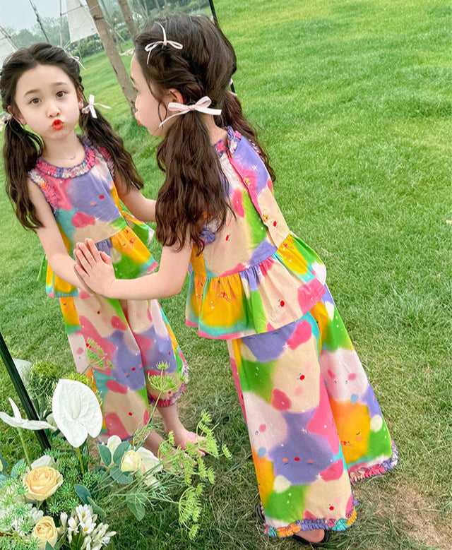 [5071057] - Setelan Baju Kutung Celana Panjang Santai Fashion Anak Perempuan - Motif Colorful Flower