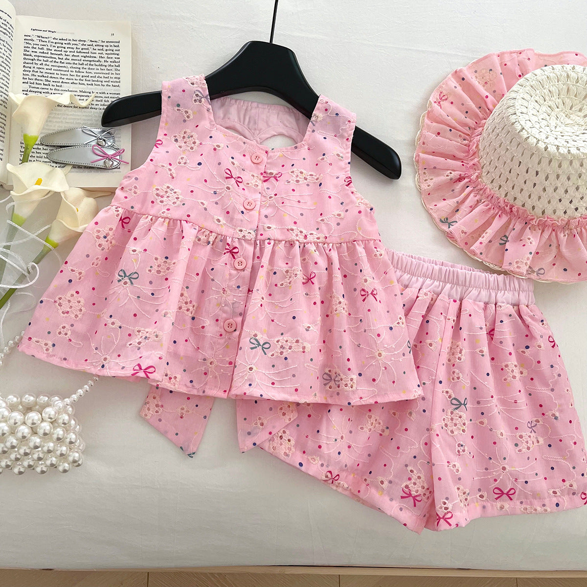 [963165] - One Set 2in1 Baju Setelan Atasan Lengan Kutung Bawahan Celana Pendek Korean Style Anak Perempuan Cewek - Motif Little Bow - BABYHOKI STORE - BABYHOKI STORE